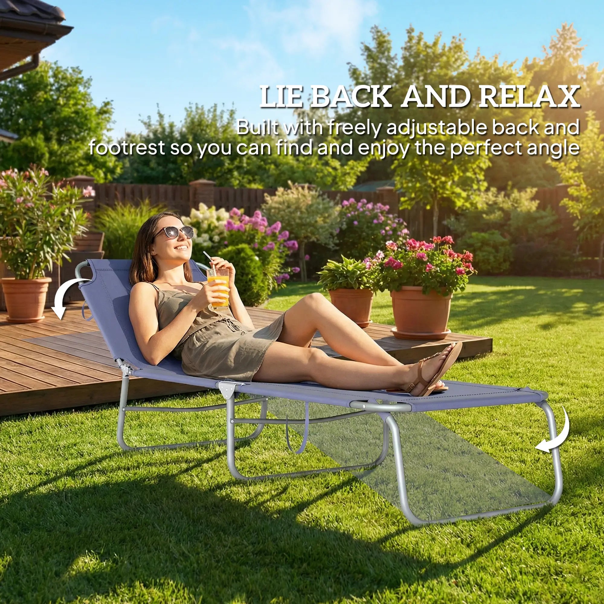 Folding Outdoor Lounge Chair, Reclining Tanning Chair, Navy Blue Lounger Chairs at Gallery Canada