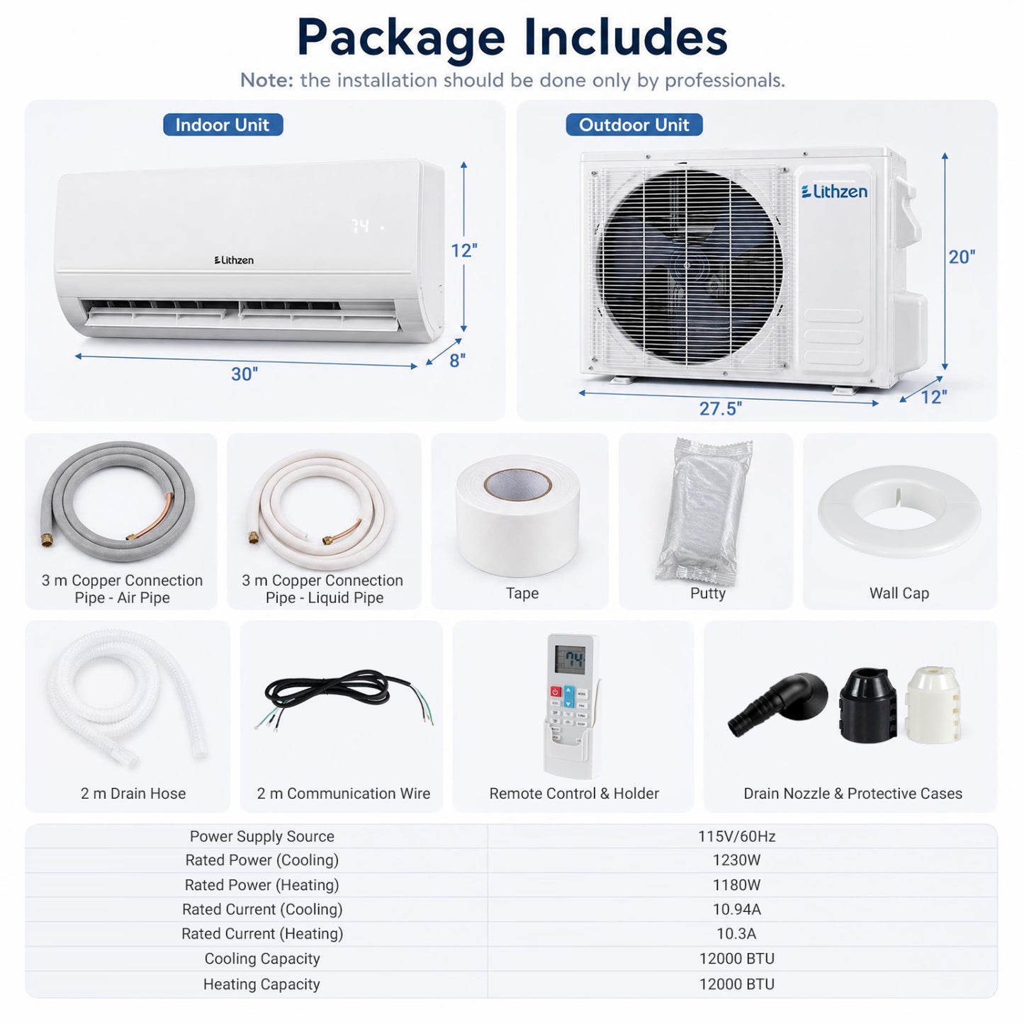Climatiseur et chauffage mini split 12000 BTU avec WiFi, blanc