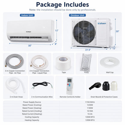 Climatiseur et chauffage mini split 12000 BTU avec WiFi, blanc