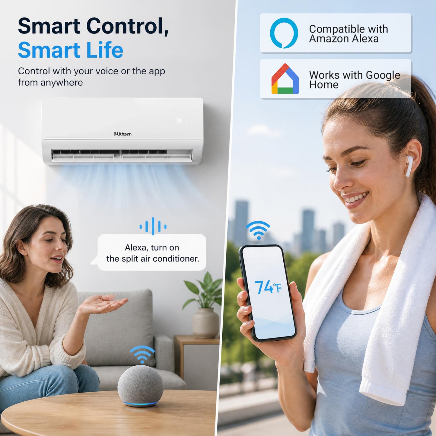 Climatiseur et chauffage mini split 12000 BTU avec WiFi, blanc