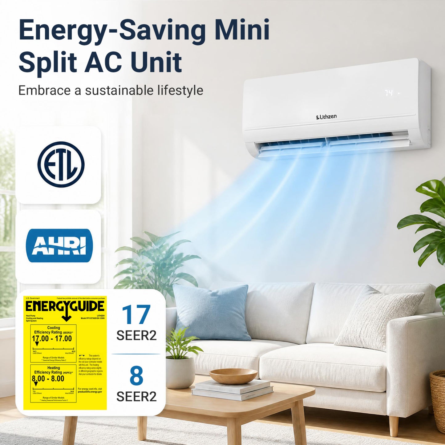 Climatiseur et chauffage mini split 12000 BTU avec WiFi, blanc