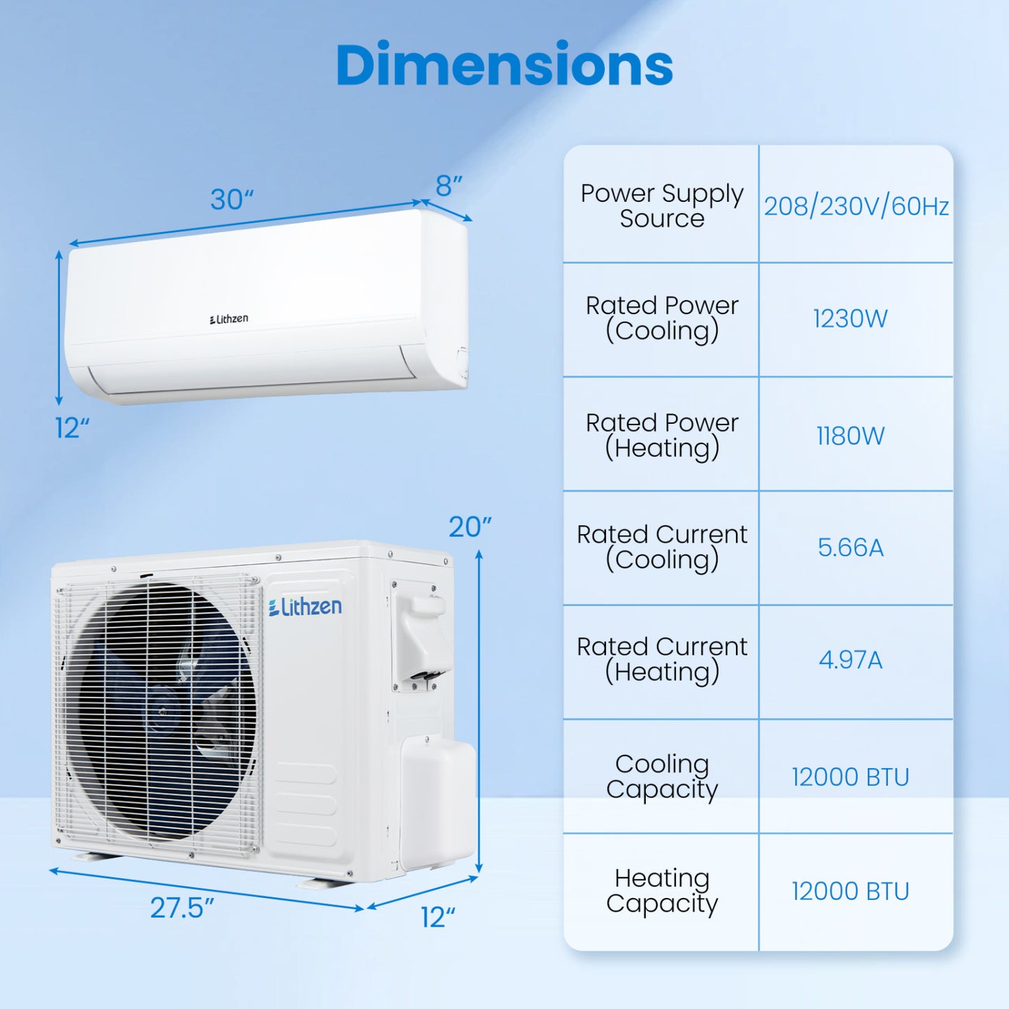 12000 BTU 208-230V 17 SEER2 Mini Split Climatiseur Chauffage WiFi, Blanc
