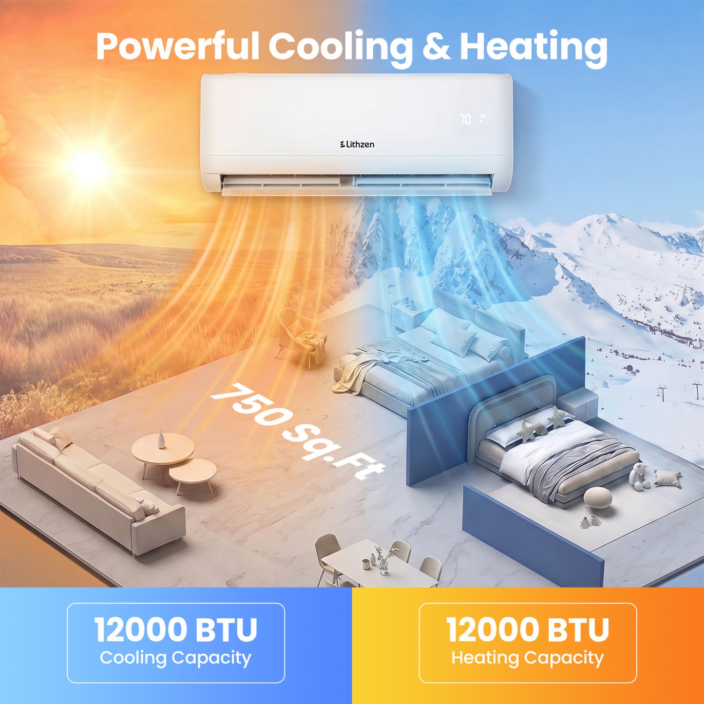 12000 BTU 208-230V 17 SEER2 Mini Split Climatiseur Chauffage WiFi, Blanc