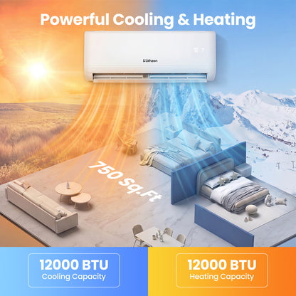 12000 BTU 208-230V 17 SEER2 Mini Split Climatiseur Chauffage WiFi, Blanc