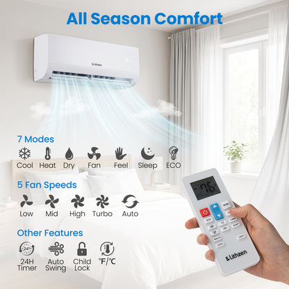 12000 BTU 208-230V 17 SEER2 Mini Split Climatiseur Chauffage WiFi, Blanc