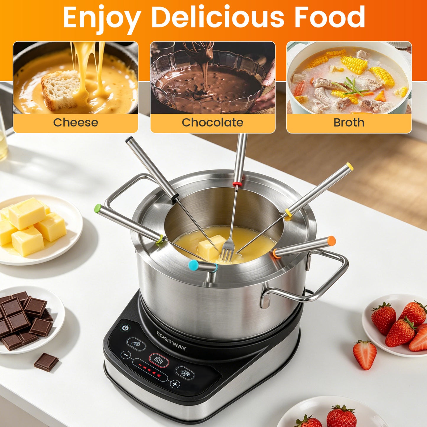Fondue électrique 1200W, pot amovible de 3 L, 6 fourchettes
