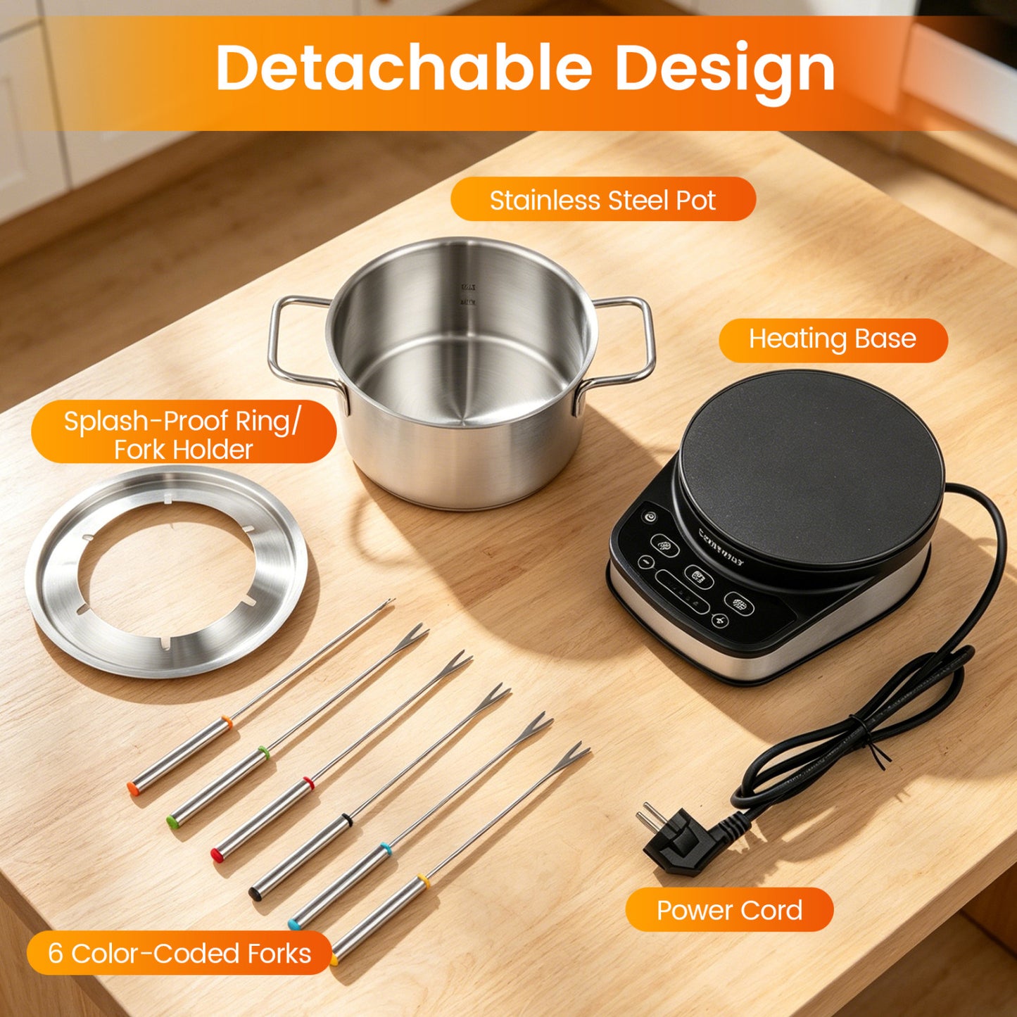 Fondue électrique 1200W, pot amovible de 3 L, 6 fourchettes