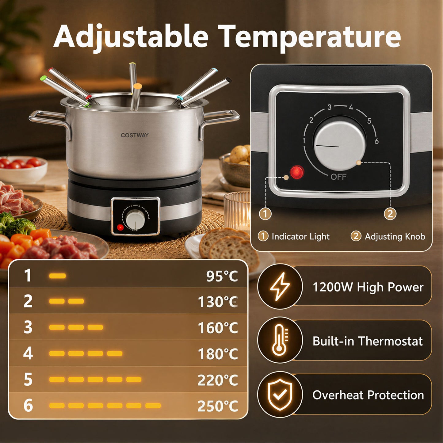 1200W Electric Fondue Set, Removable Pot, 6 Forks