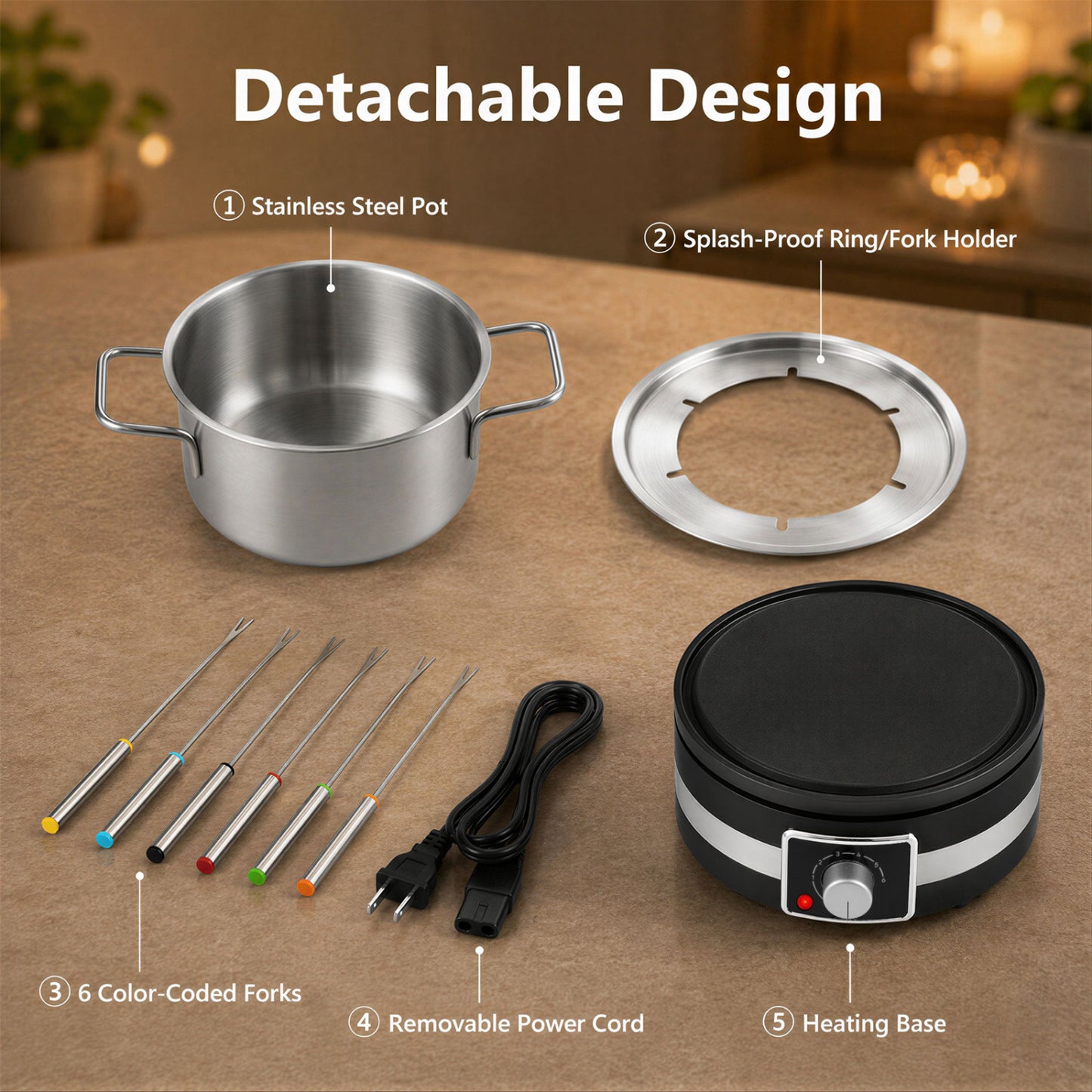 1200W Electric Fondue Set, Removable Pot, 6 Forks