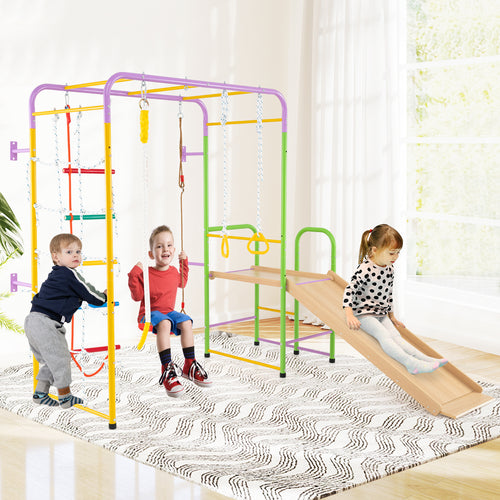 Metal Indoor Jungle Gym 8-in-1 Climbing Playset with Monkey Bars, Multicolor