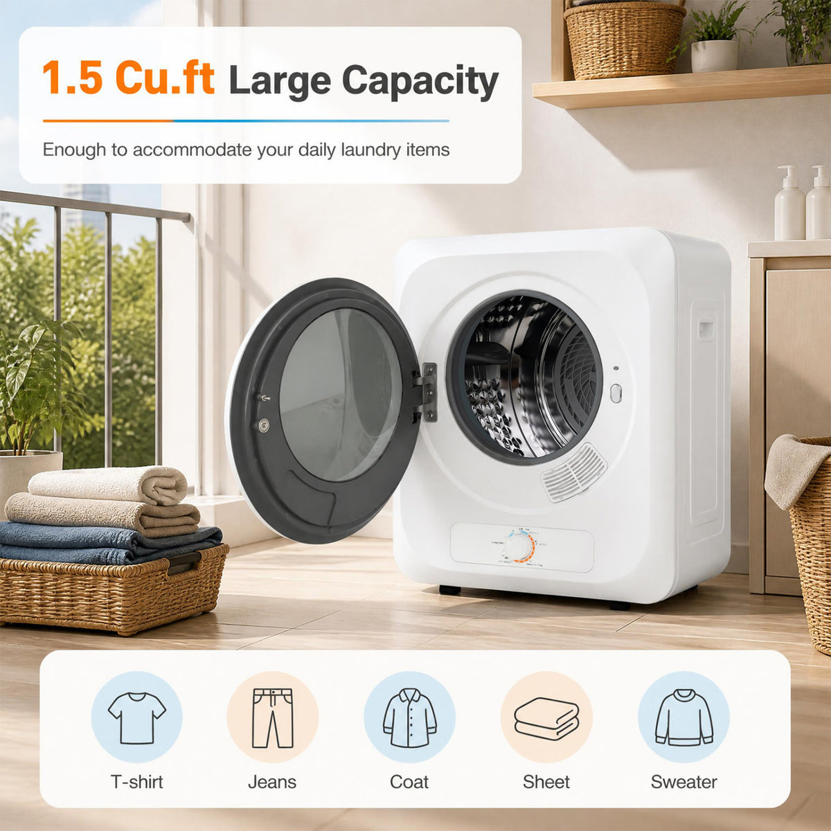 1.5 Cu.ft Sèche-linge portable, 850W, 5 modes, Blanc