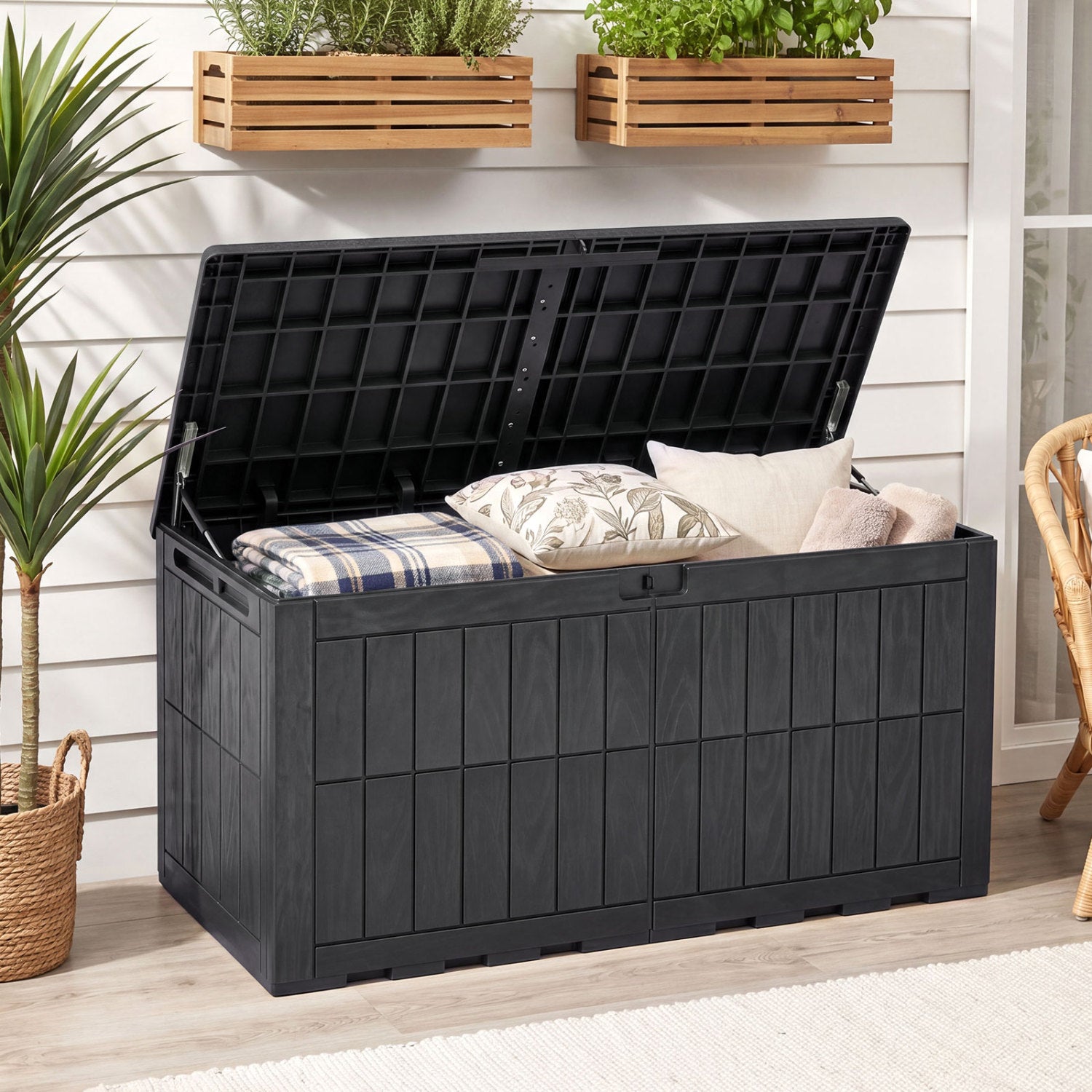 120 Gal Outdoor Deck Box, Garden Tools Storage, Black Sheds & Outdoor Storage at Gallery Canada