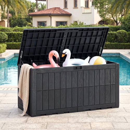 120 Gal Outdoor Deck Box, Garden Tools Storage, Black