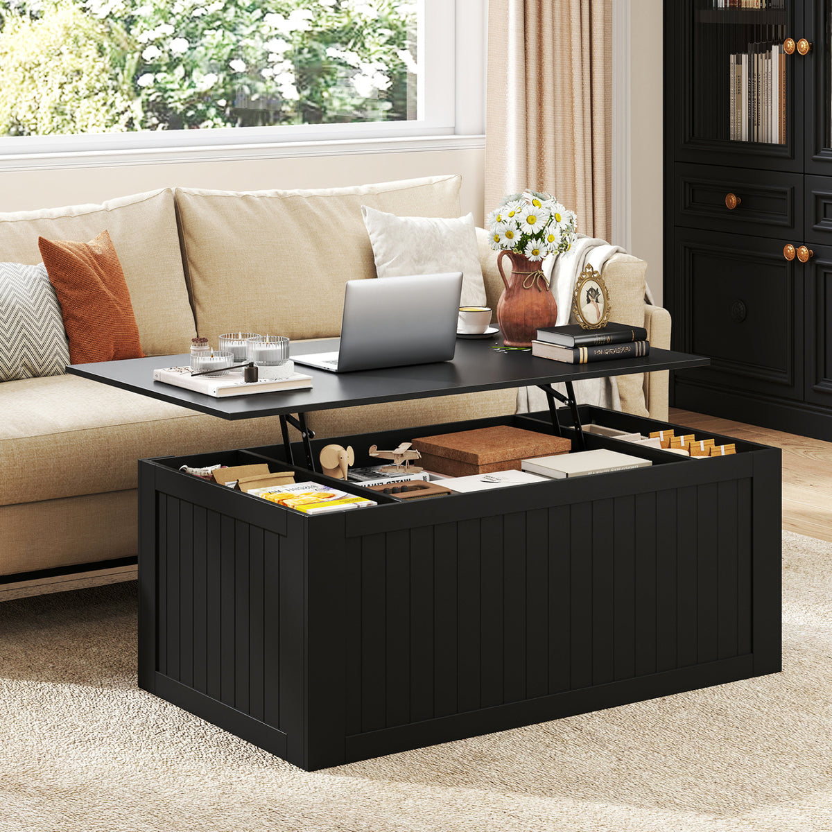 Table basse à dessus relevable de 120 cm, portes de grange coulissantes, noir