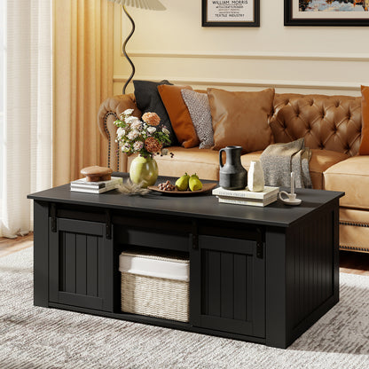 Table basse à dessus relevable de 120 cm, portes de grange coulissantes, noir