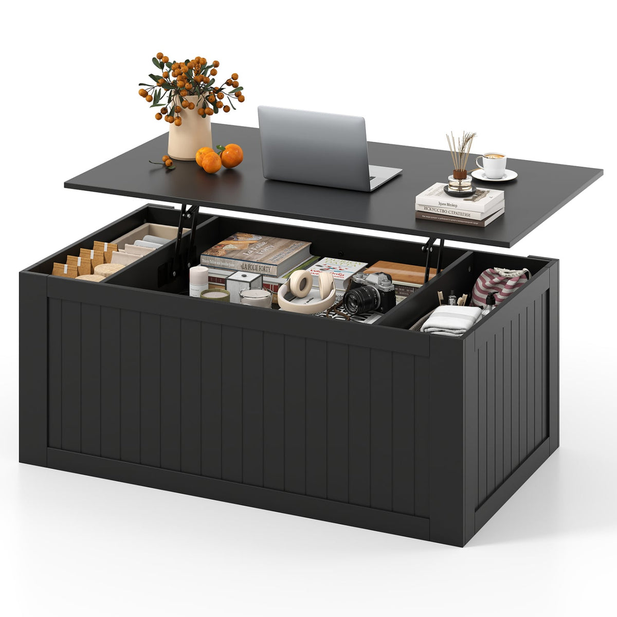 Table basse à dessus relevable de 120 cm, portes de grange coulissantes, noir