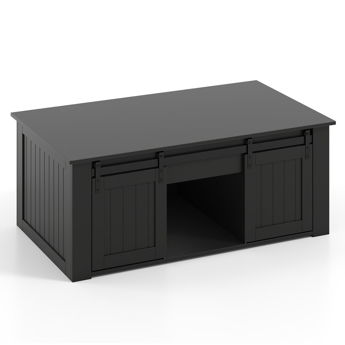 Table basse à dessus relevable de 120 cm, portes de grange coulissantes, noir