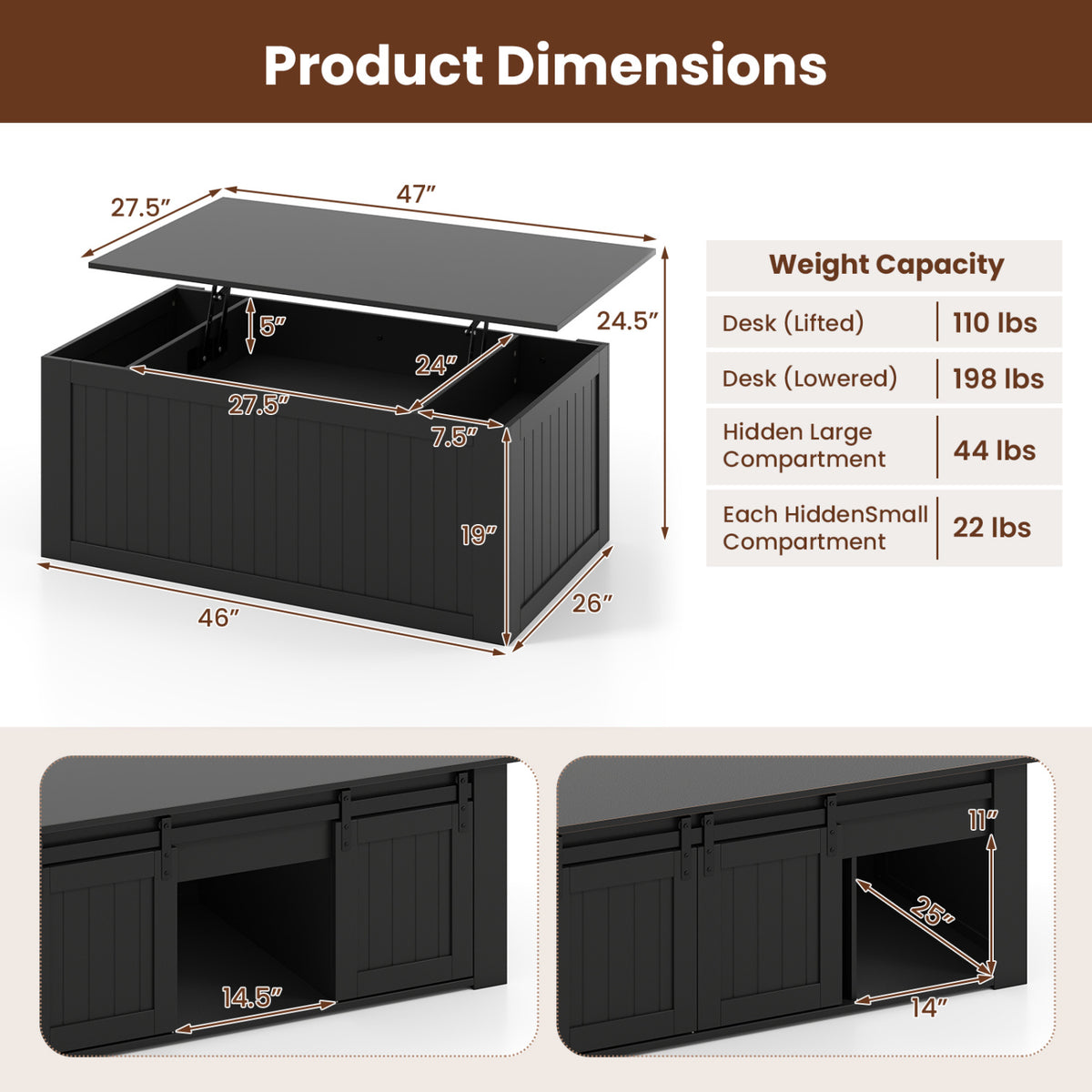 Table basse à dessus relevable de 120 cm, portes de grange coulissantes, noir
