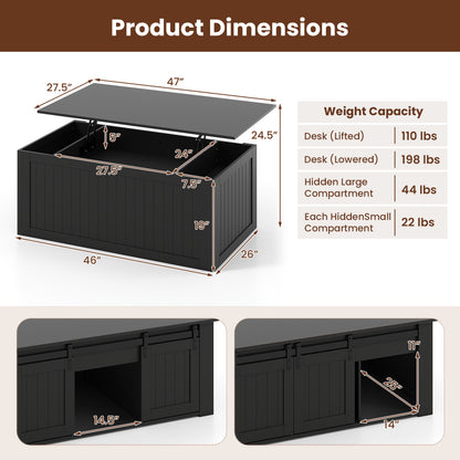 Table basse à dessus relevable de 120 cm, portes de grange coulissantes, noir
