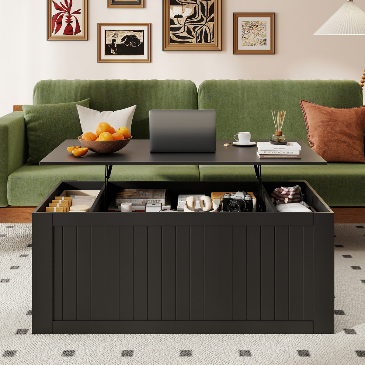 Table basse à dessus relevable de 120 cm, portes de grange coulissantes, noir