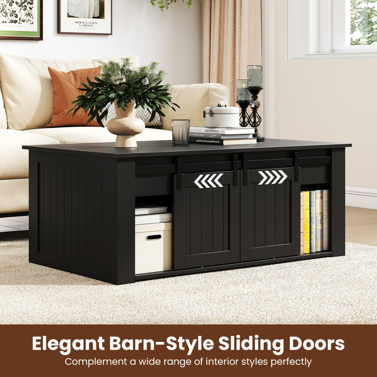 Table basse à dessus relevable de 120 cm, portes de grange coulissantes, noir