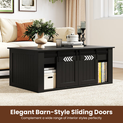 Table basse à dessus relevable de 120 cm, portes de grange coulissantes, noir