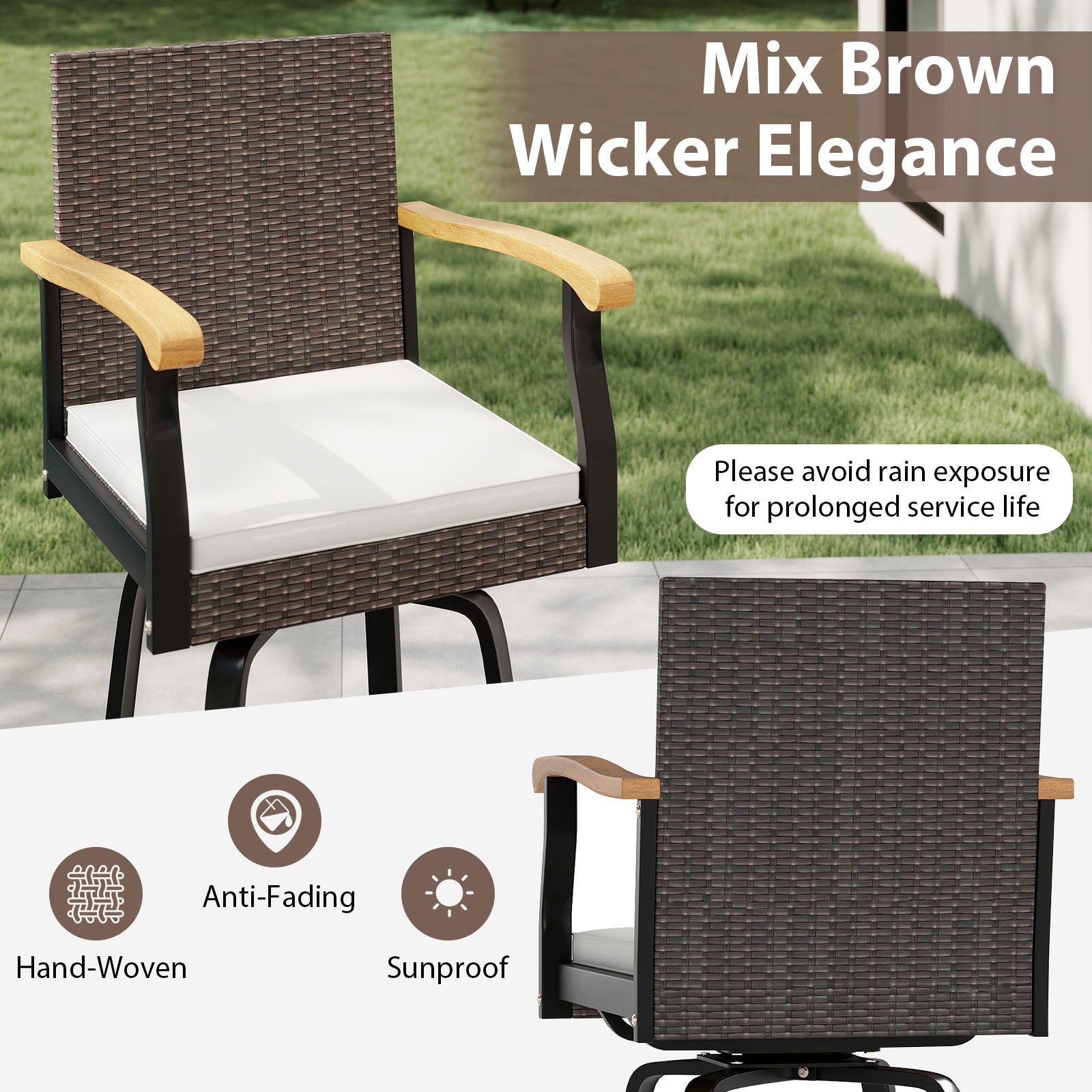 Set Of 2 Outdoor Swivel Bar Stools, With Cushion And Acacia Wood Armrests, Brown Patio Bar Furniture at Gallery Canada