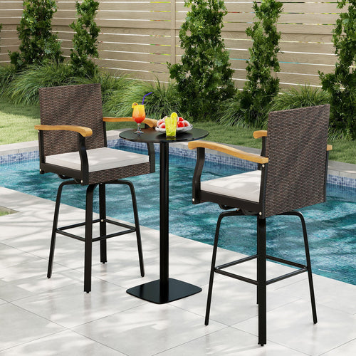 Outdoor 360° Swivel Bar Stool With Cushion, Acacia Wood Armrests, Brown