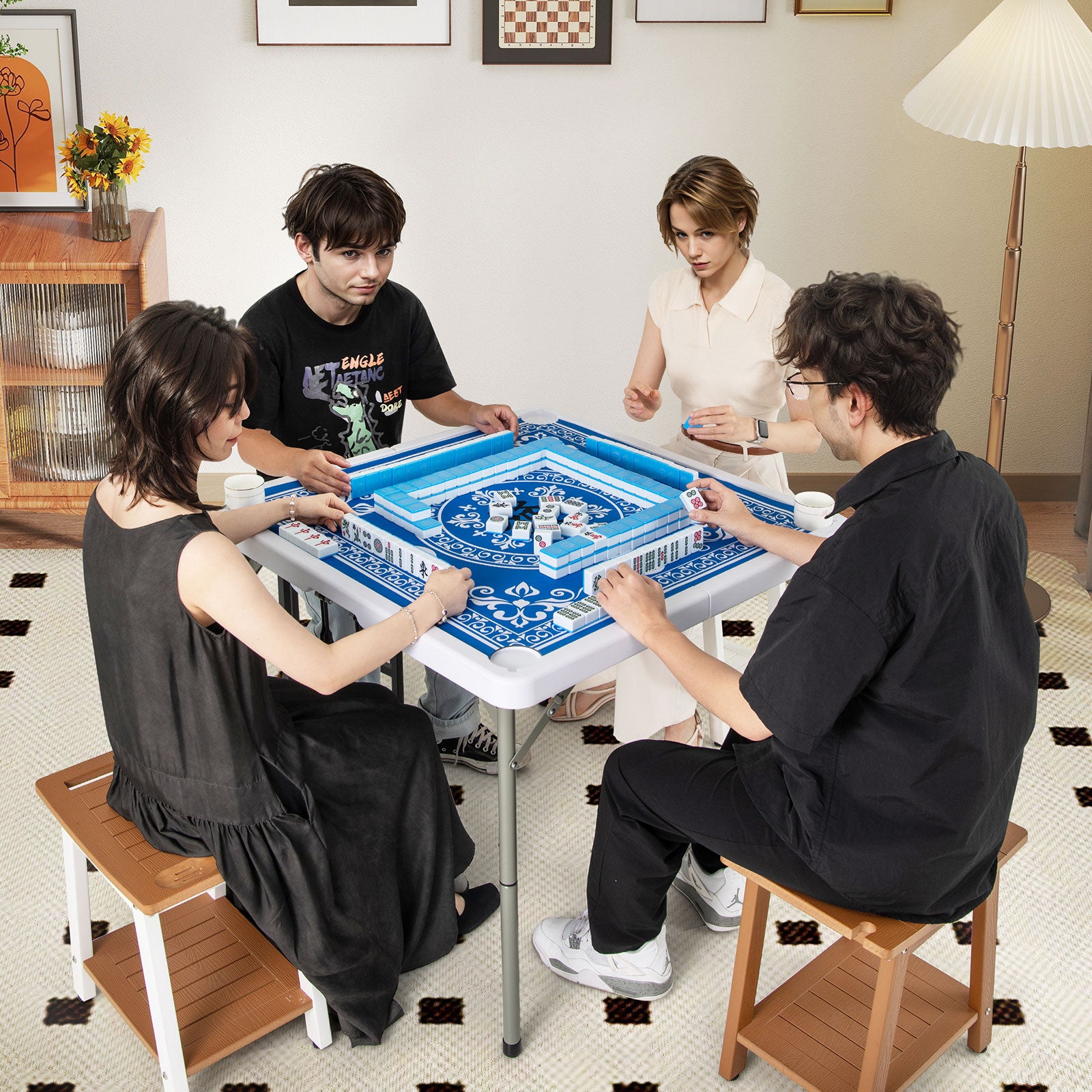 35 Inch 4 Player Folding Mahjong Table, Cup Holders, Light Blue Game Room at Gallery Canada