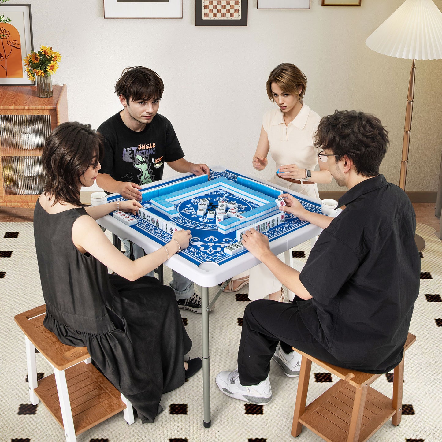 35 Inch 4 Player Folding Mahjong Table, Cup Holders, Light Blue Game Room at Gallery Canada