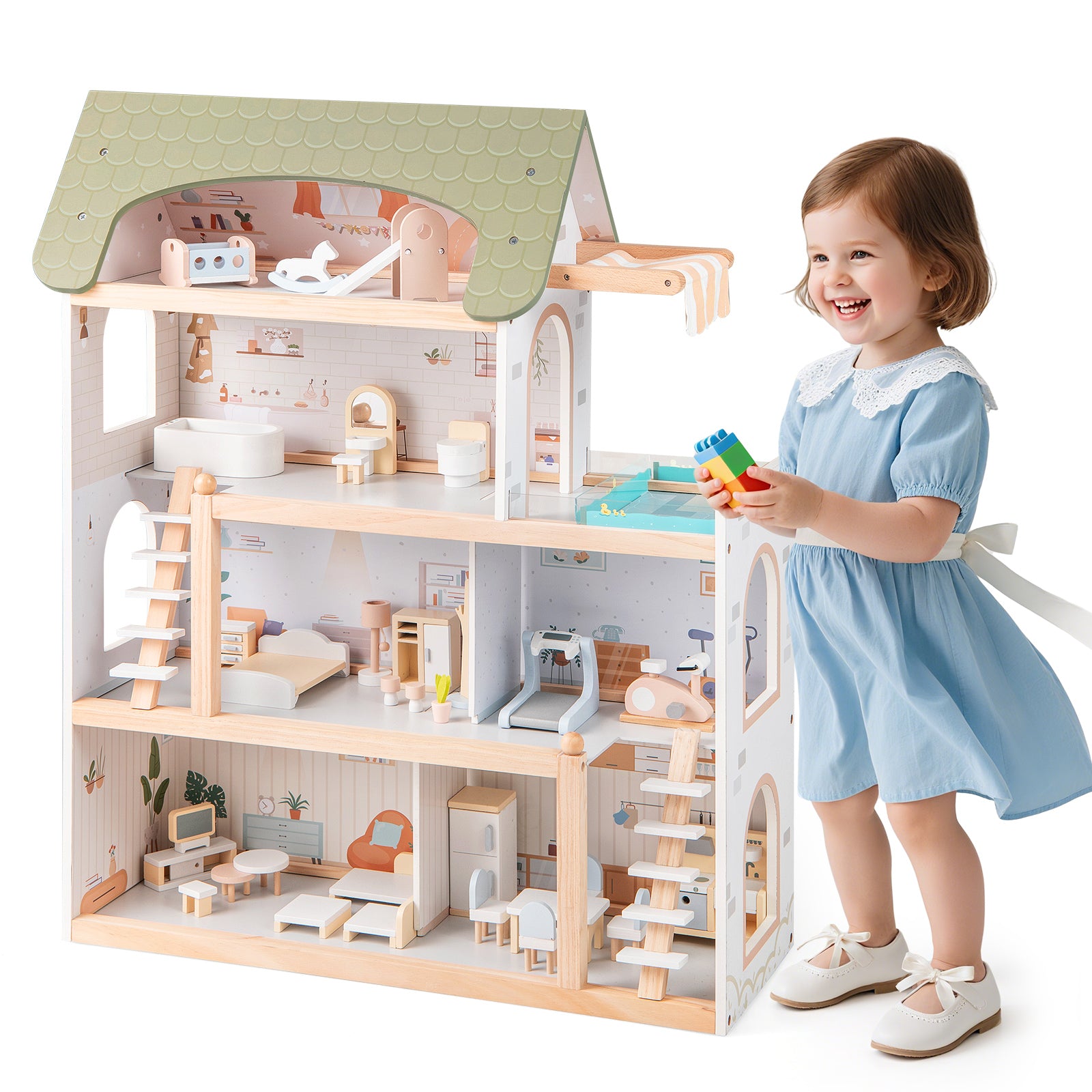 Wooden Dollhouse With 33 PCS Furniture, Green Play Tents & Playhouse at Gallery Canada