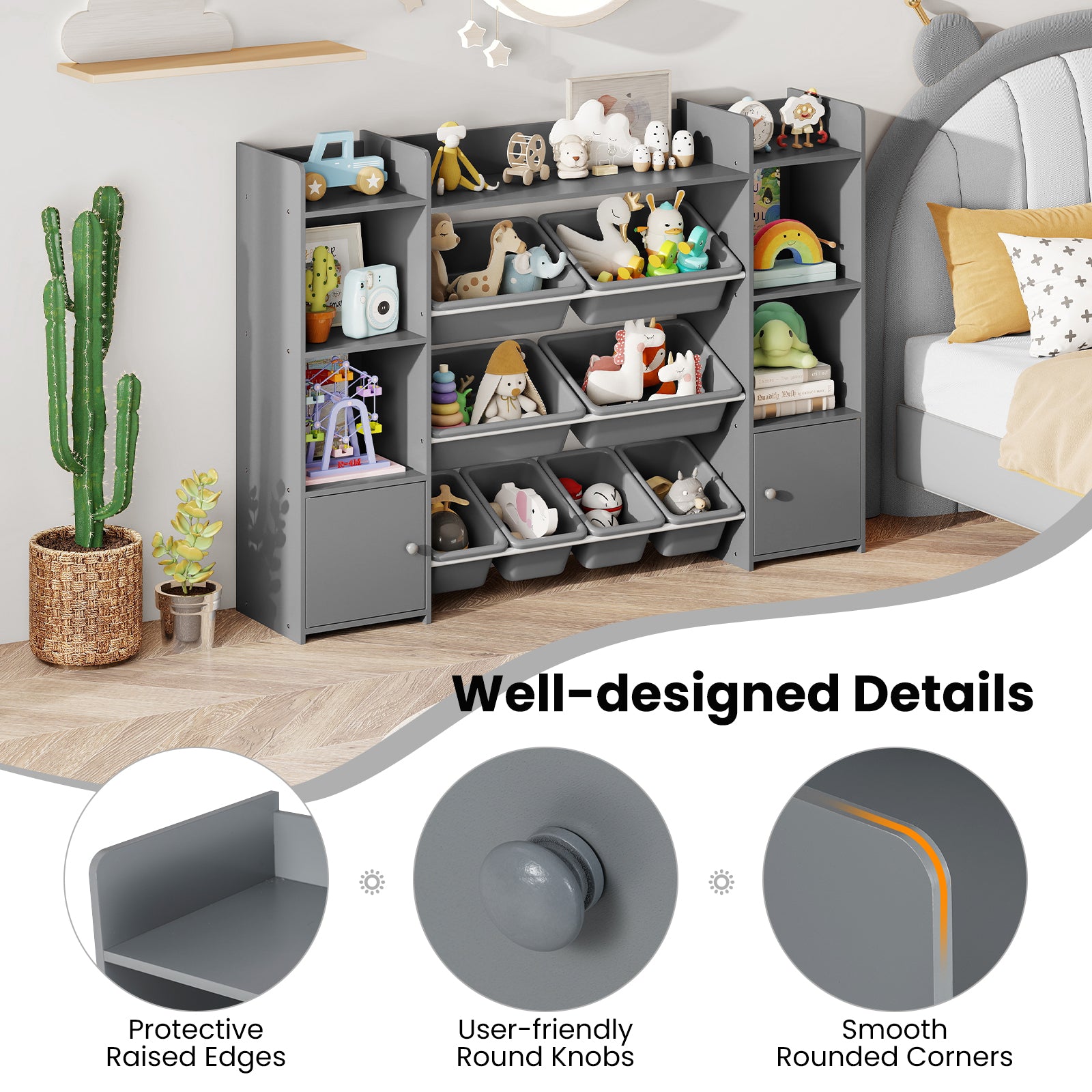 56 inch Large Toy Storage Organizer with 8 Removable Bins and Bookshelf, Gray Kids Storage at Gallery Canada