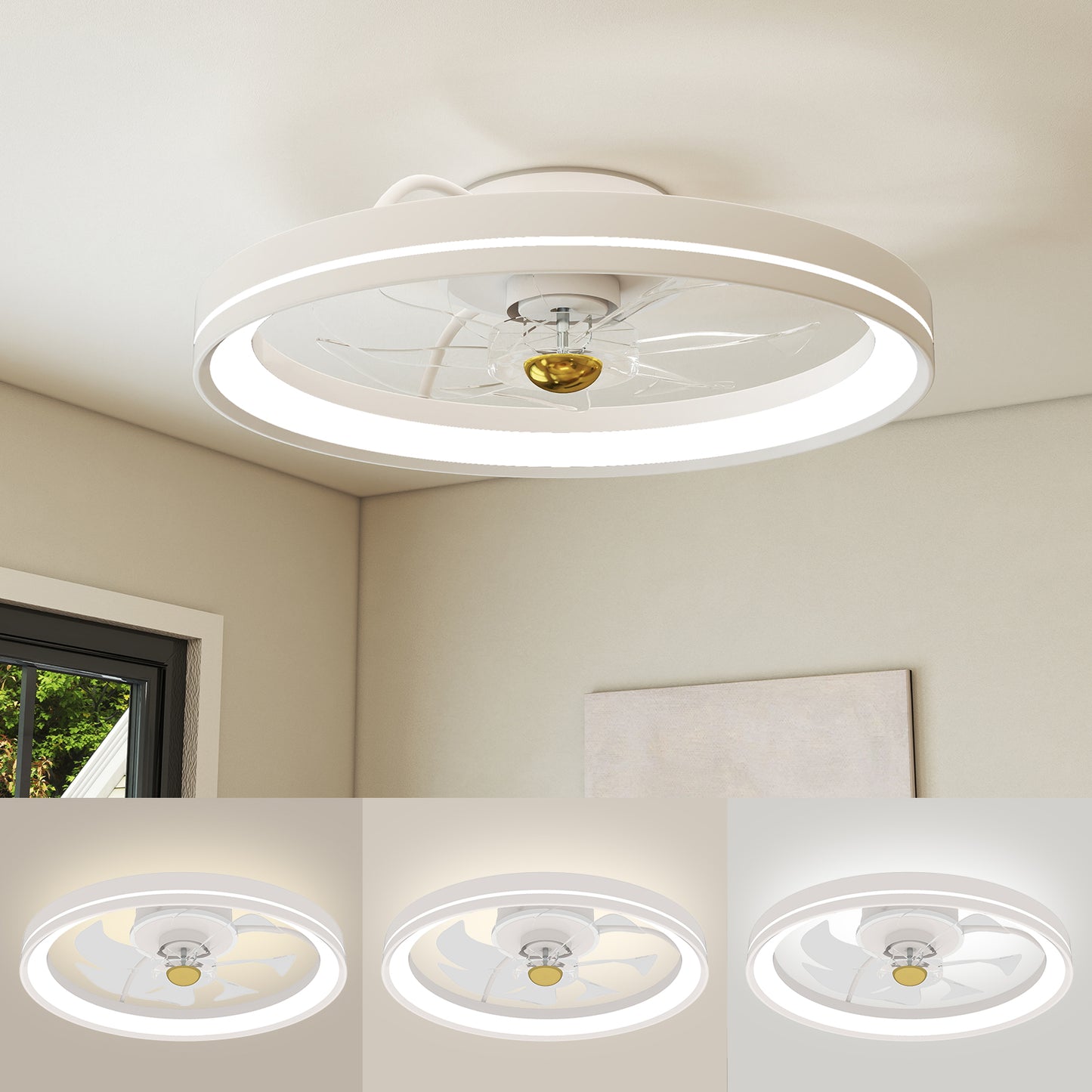 19 Inch Ceiling Fan Low Profile Flush Mount Fan with 3000-6500K Dimmable LED, White Ceiling Fans at Gallery Canada