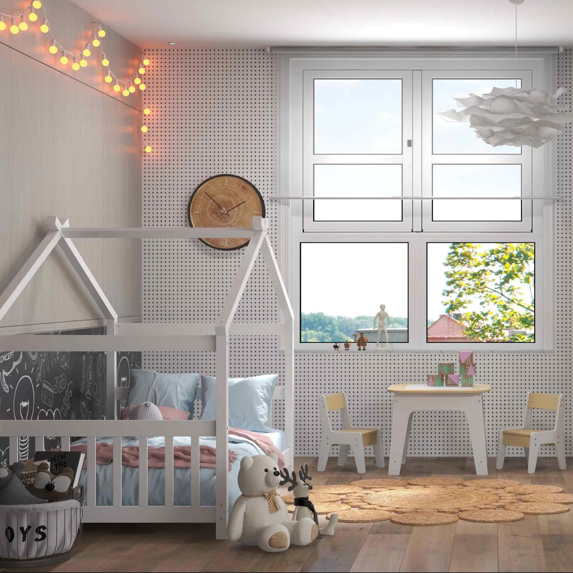 3-Piece Kid’s Room Bundle: Twin Size Wooden House Bed + Kid's Table and Chairs Set + Kids 2-Shelf Bookcase Toddler & Kids Furniture at Gallery Canada
