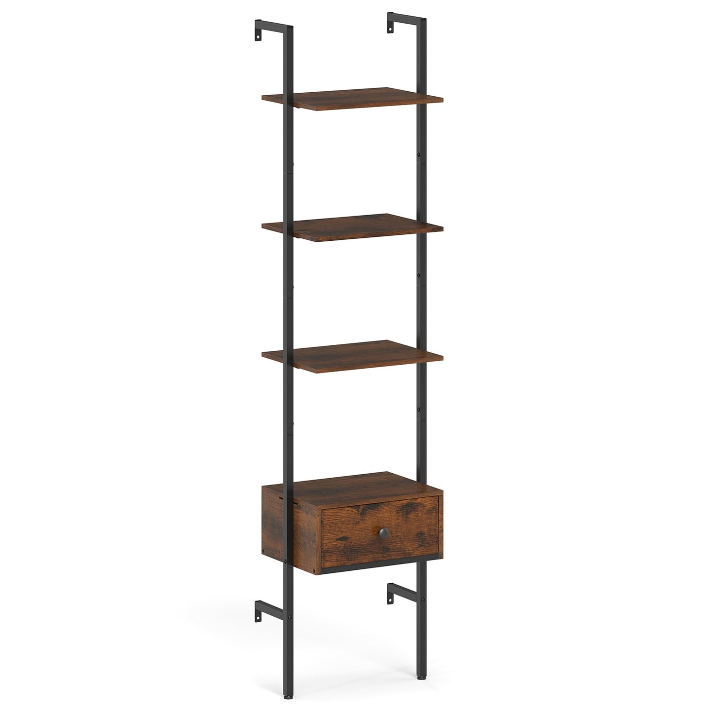 5-Tier Ladder Bookcase With Drawer, Metal Frame, Rustic Brown Bookcases at Gallery Canada