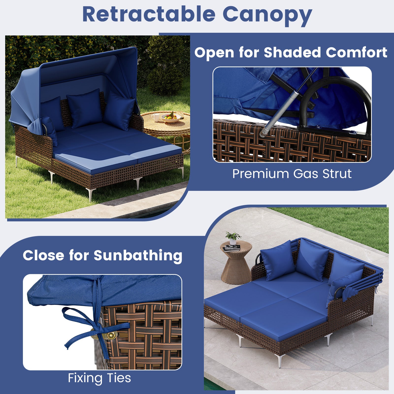 Outdoor Daybed with Retractable Canopy PE Wicker Rattan Patio Lounger, Navy Outdoor Chaise Lounges at Gallery Canada