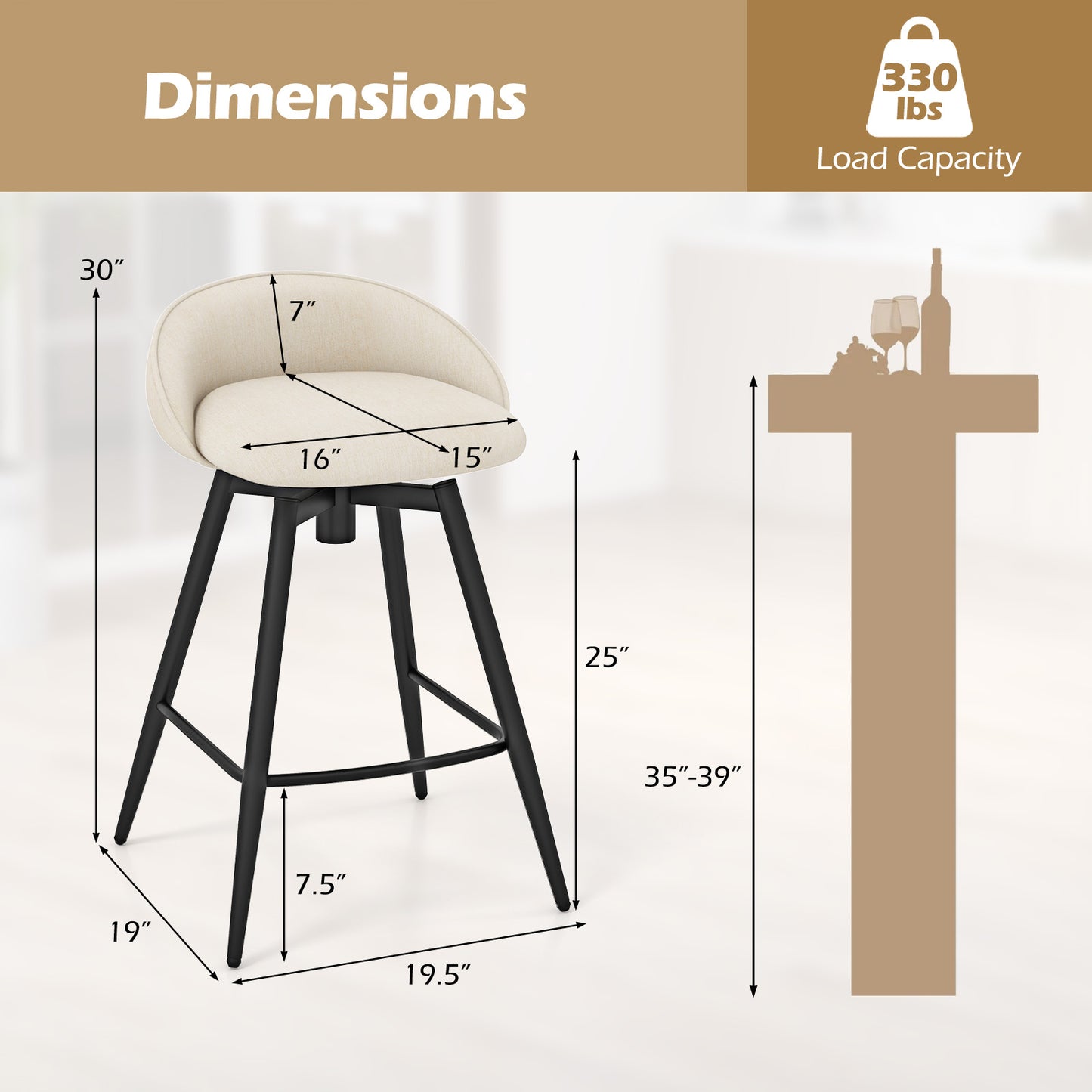 Upholstered Bar Stools Set of 2 with Footrest and Backrest, Beige Bar Stools at Gallery Canada