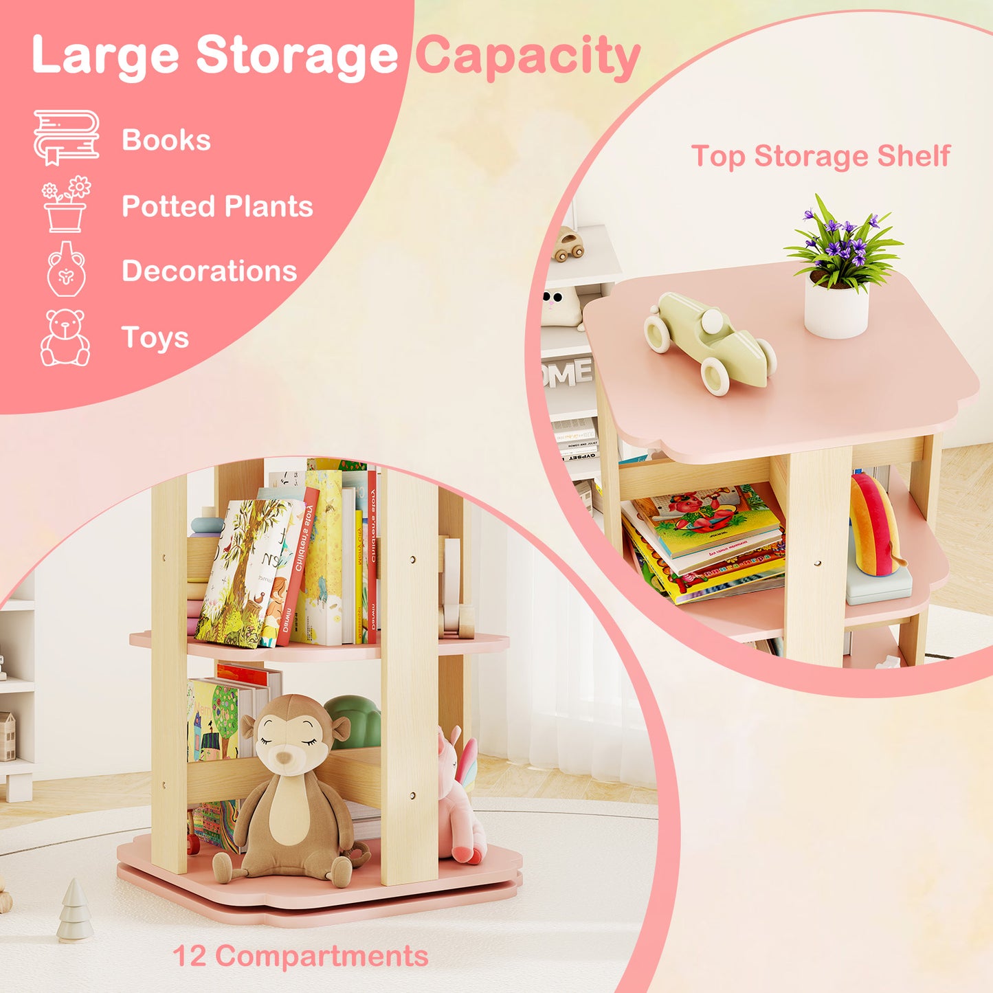 3-Tier Freestanding Corner Toddler Book Rack with 12 Sectors, Pink Kids Storage at Gallery Canada