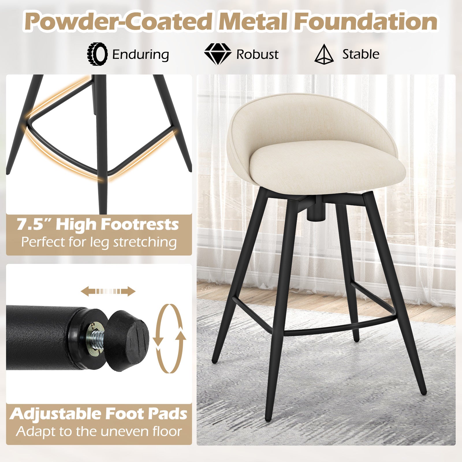 Upholstered Bar Stools Set of 2 with Footrest and Backrest, Beige Bar Stools at Gallery Canada