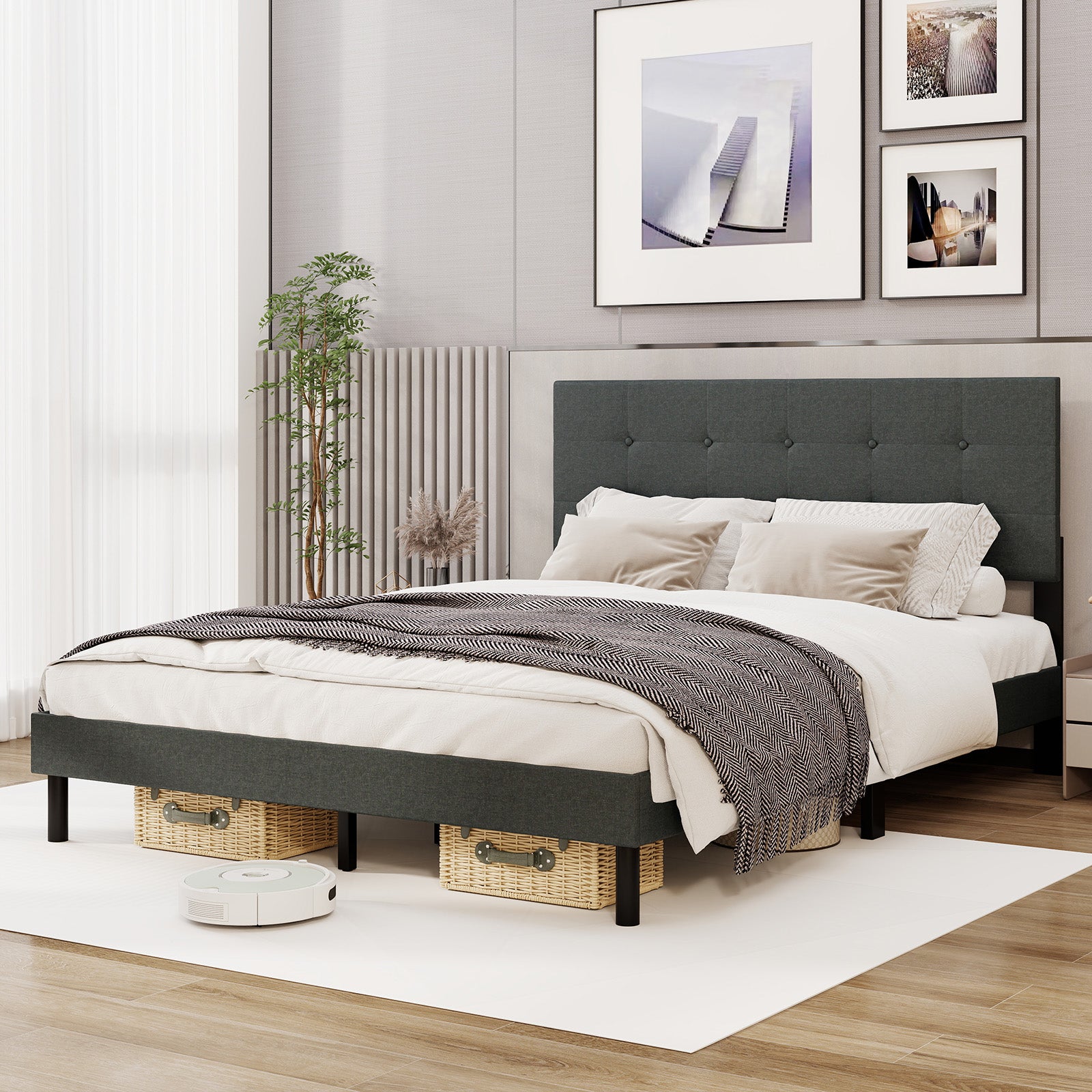 Queen Size Upholstered Bed Frame Linen Platform Bed, Dark Gray Simple Bed Frame at Gallery Canada