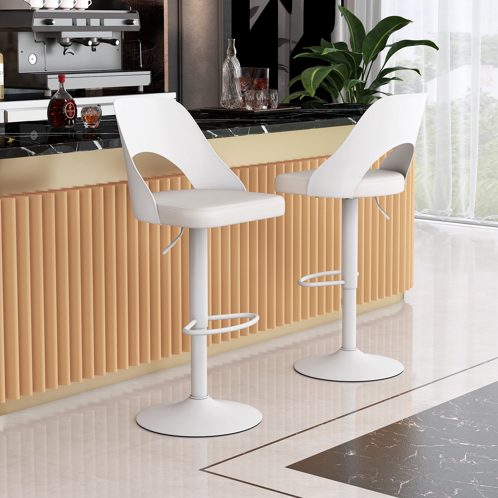 Bar Stools Set of 2 with Enlarged PU Leather Seat and Footrest, White Bar Stools at Gallery Canada
