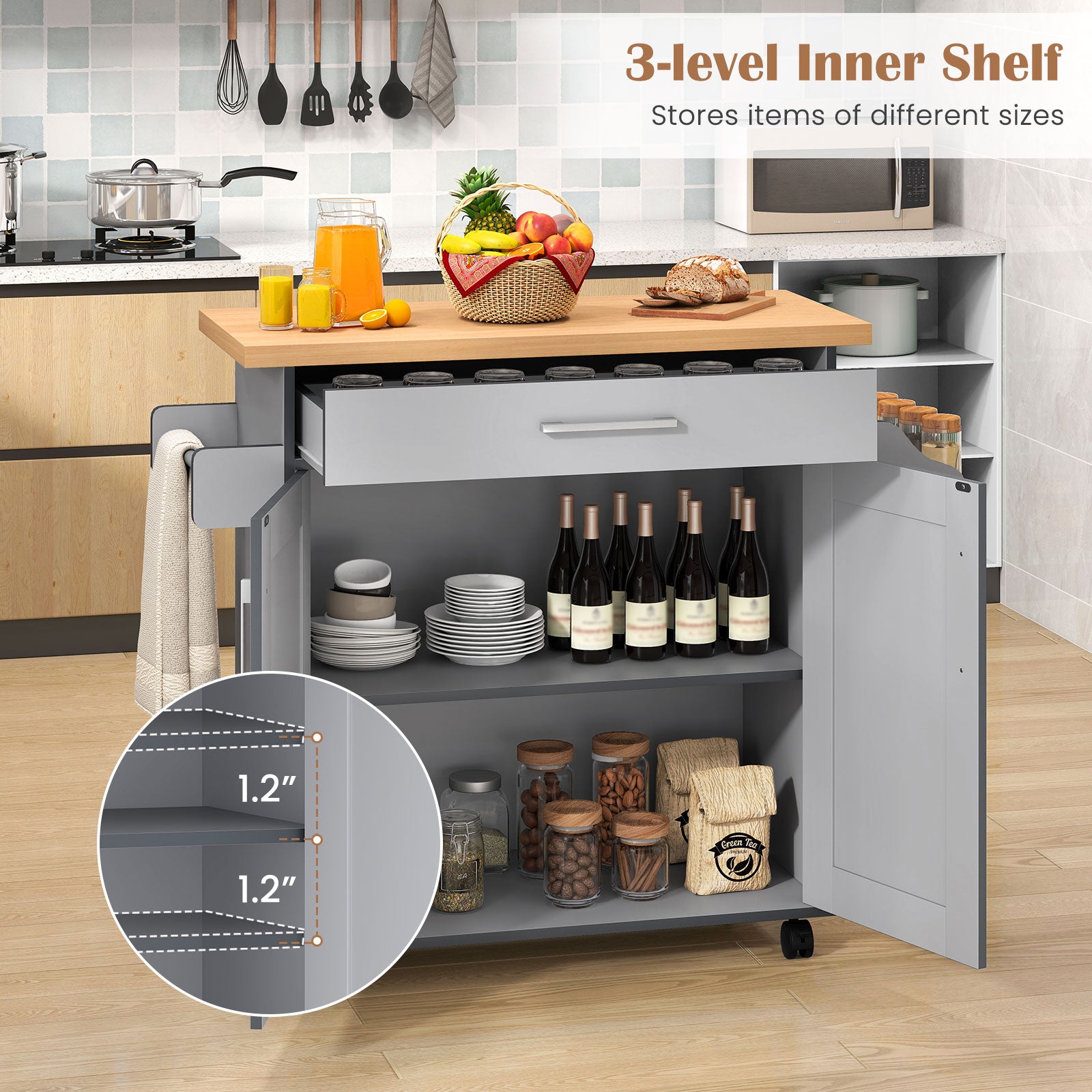 Rolling Kitchen Island Cart with Towel and Spice Rack, Gray Kitchen Islands & Carts at Gallery Canada