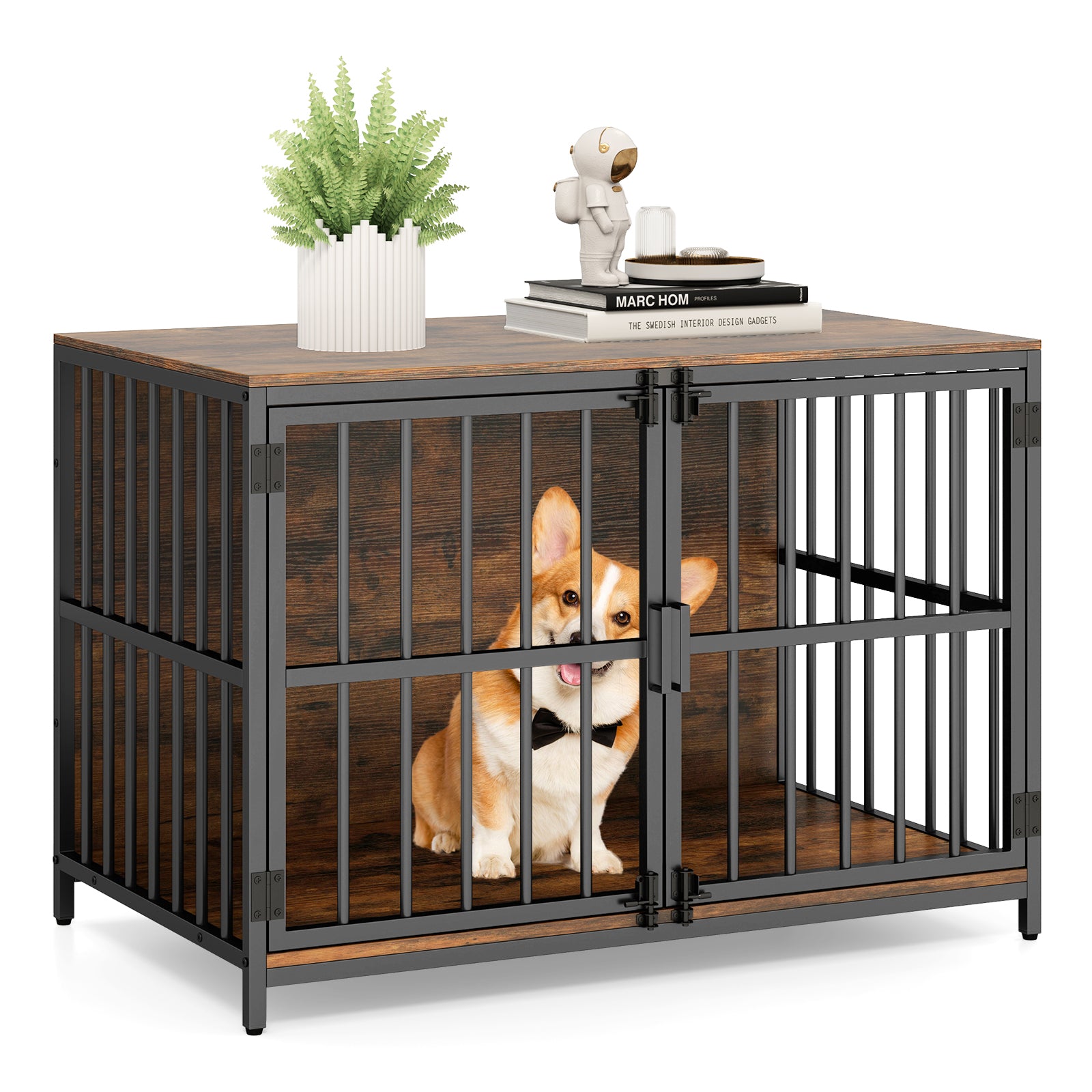40 Inch Dog Crate Furniture Dog Kennel with Dual Lockable Double Doors, Rustic Brown Dog Kennels at Gallery Canada