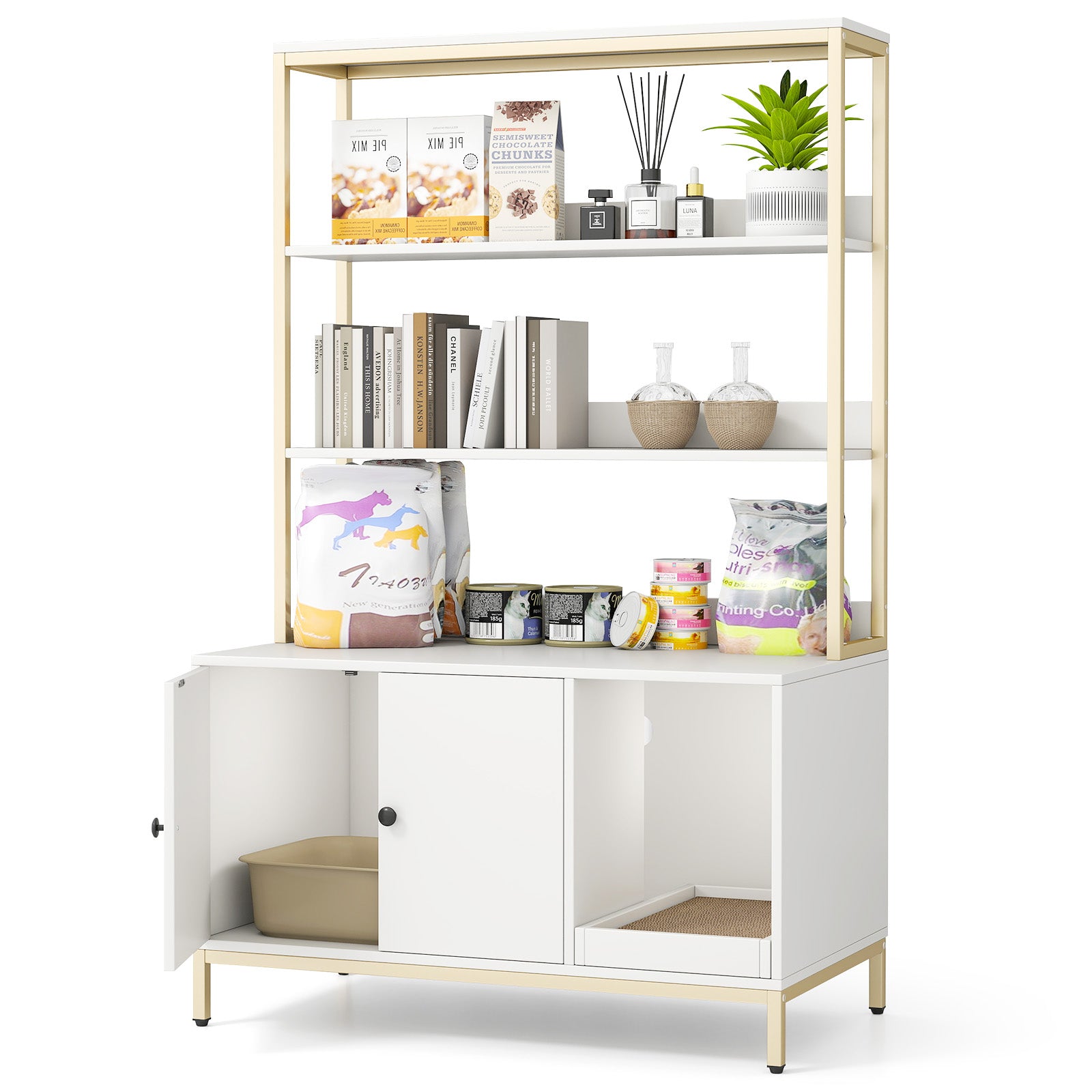 57 Inches Cat Litter Box Enclosure with Storage and Removable Scratcher, White Cat Houses at Gallery Canada