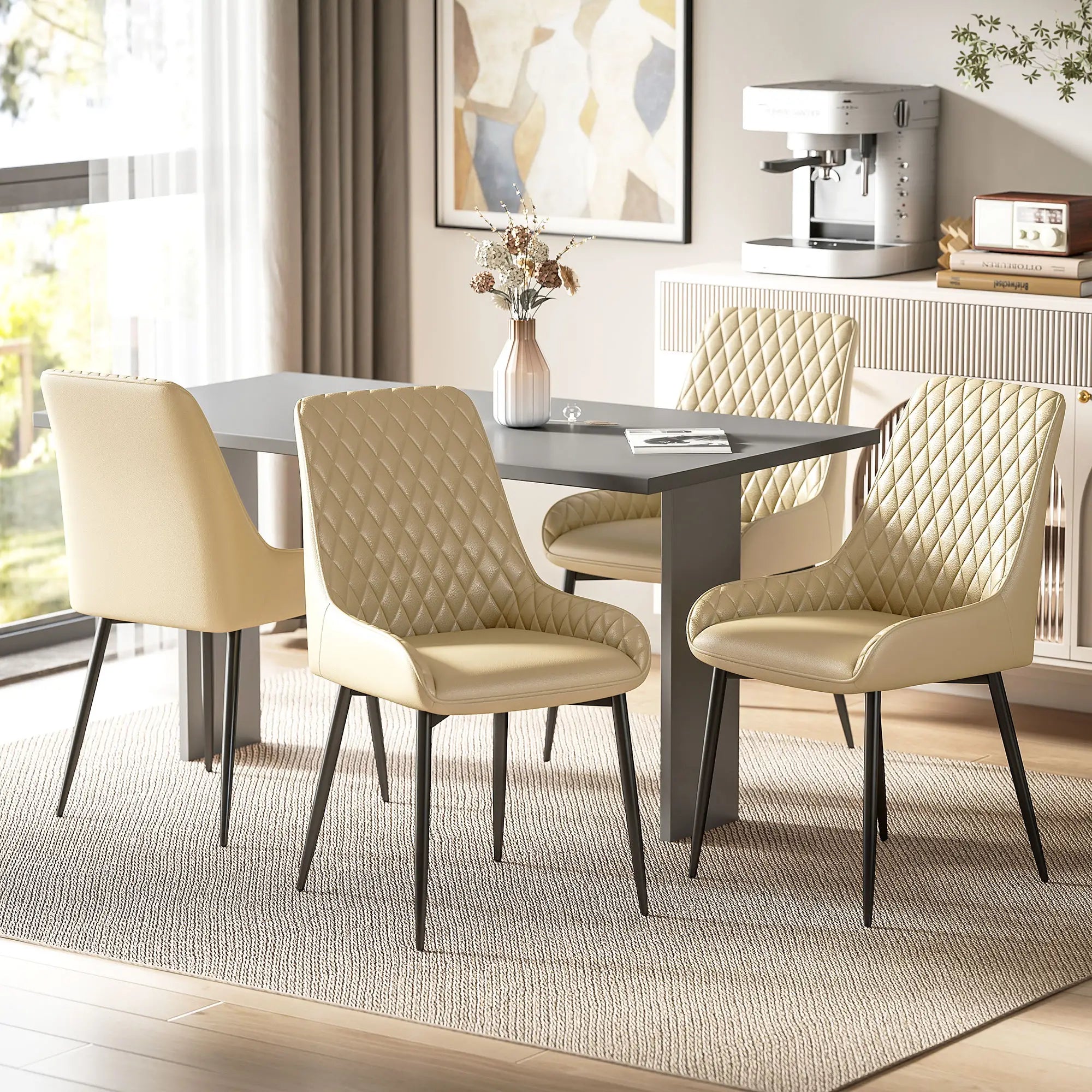 Upholstered Kitchen Chairs Set of 4, Diamond Tufting, Steel Legs, Khaki Dining Chairs at Gallery Canada