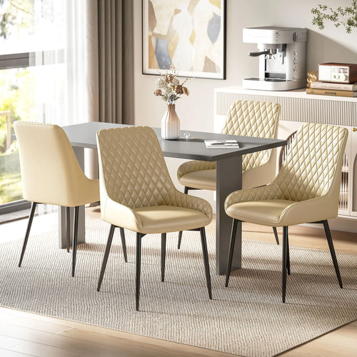 Upholstered Kitchen Chairs Set of 4, Diamond Tufting, Steel Legs, Khaki