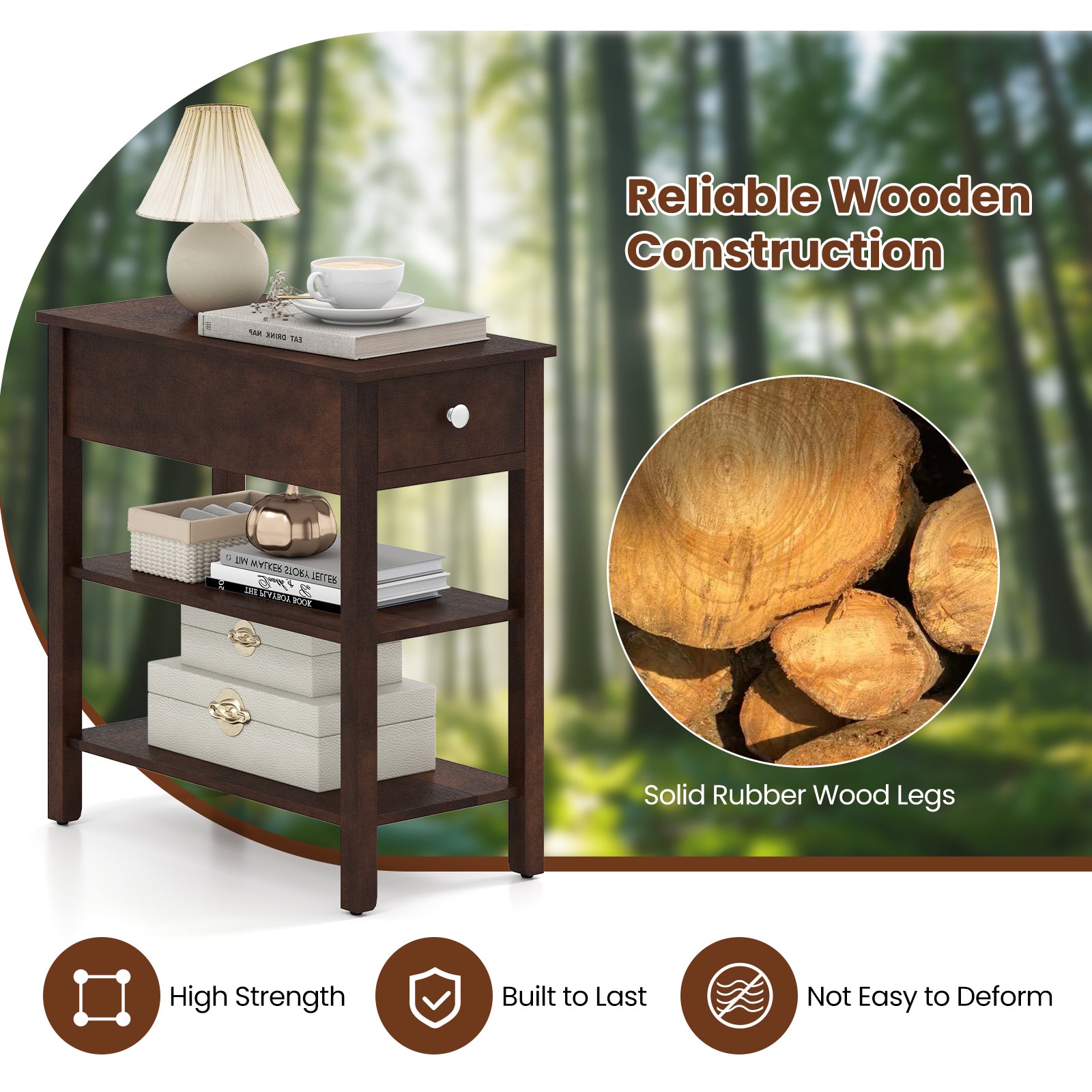 3-Tier Narrow End Table with Drawer and Storage Shelves Set of 2, Walnut Living Room at Gallery Canada