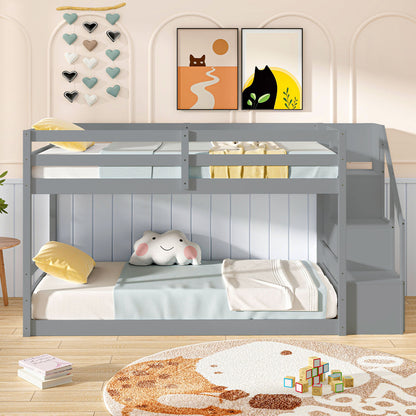 Twin Over Twin Low Bunk Bed with Storage Stairs Solid Wood Floor Bunk Bed Frame, Gray Bunk Bed Frame at Gallery Canada