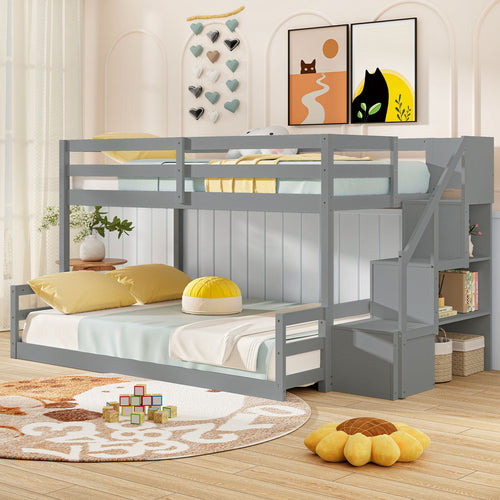 Solid Wood Twin Over Full Low Bunk Bed with Storage Stairs-Grey, Gray