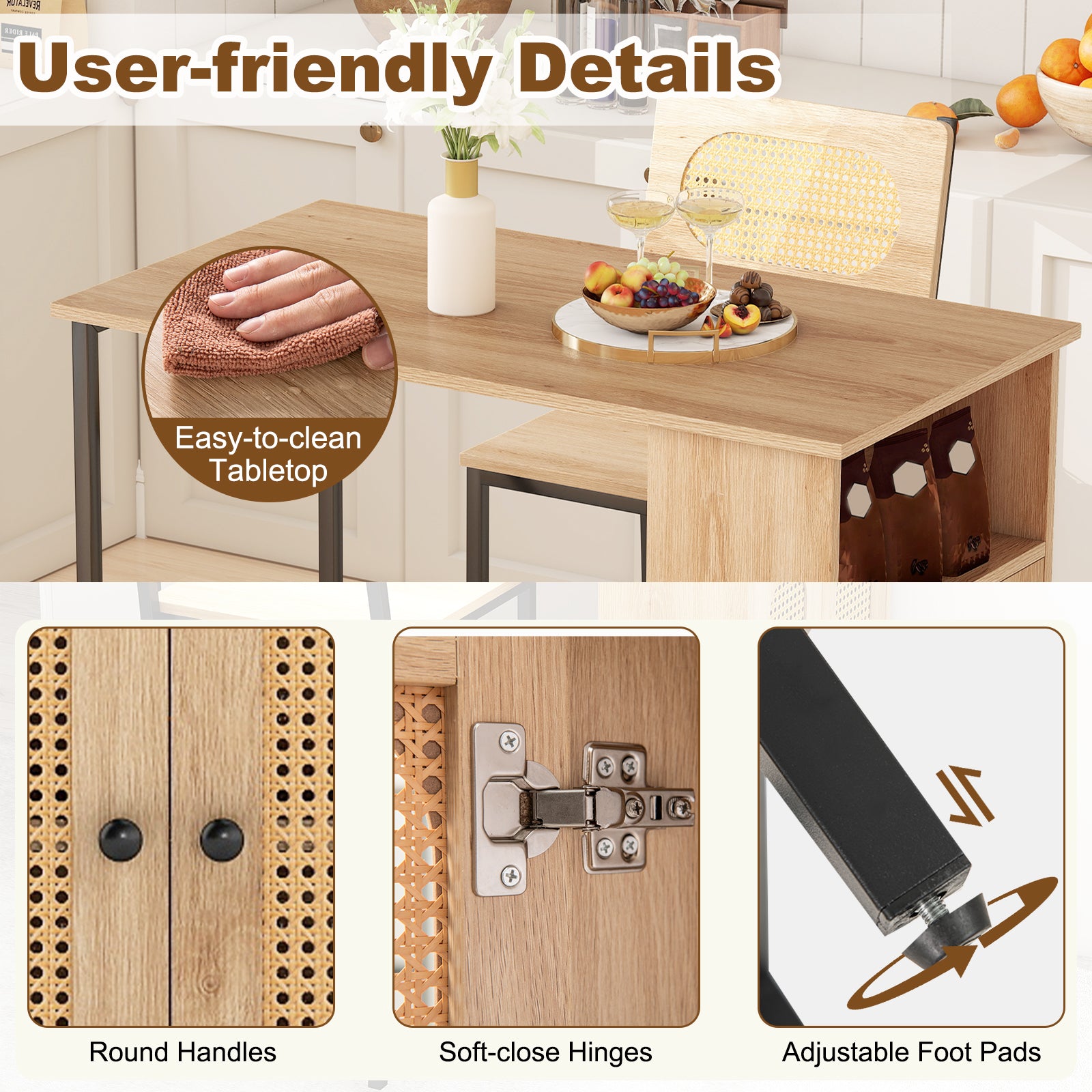 3-Piece Bar Table and Chairs Set with Storage Shelves and Footrests, Natural Dining Room Sets at Gallery Canada